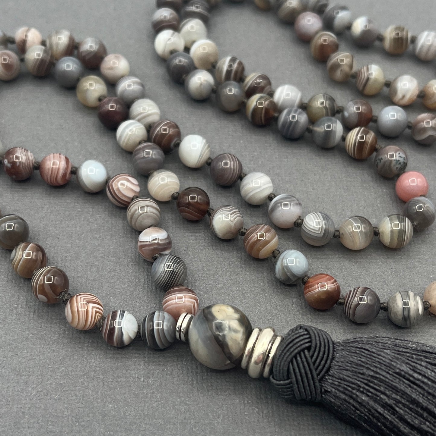 Hand Knotted Botswana Agate Beaded Japa Mala Necklace with Silver Accents and Dark Grey Knotted Tassle