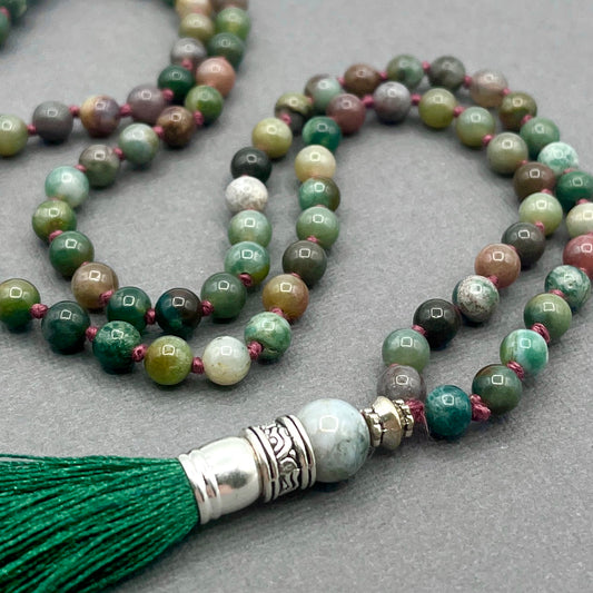 Indian Agate 6mm 108 bead sized Mala, Hand Knotted, Japa Mala Necklace with Silver Accents and Green Tassel