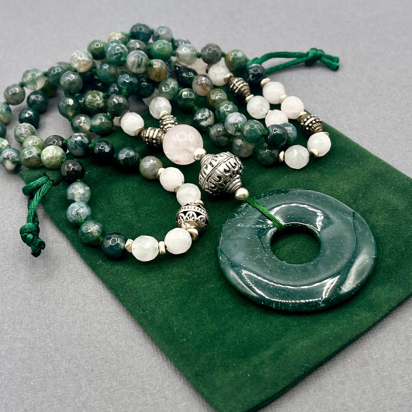 Moss Agate and Rose Quartz Japa Mala Necklace with Silver Accents and Moss Agate Donut Pendant