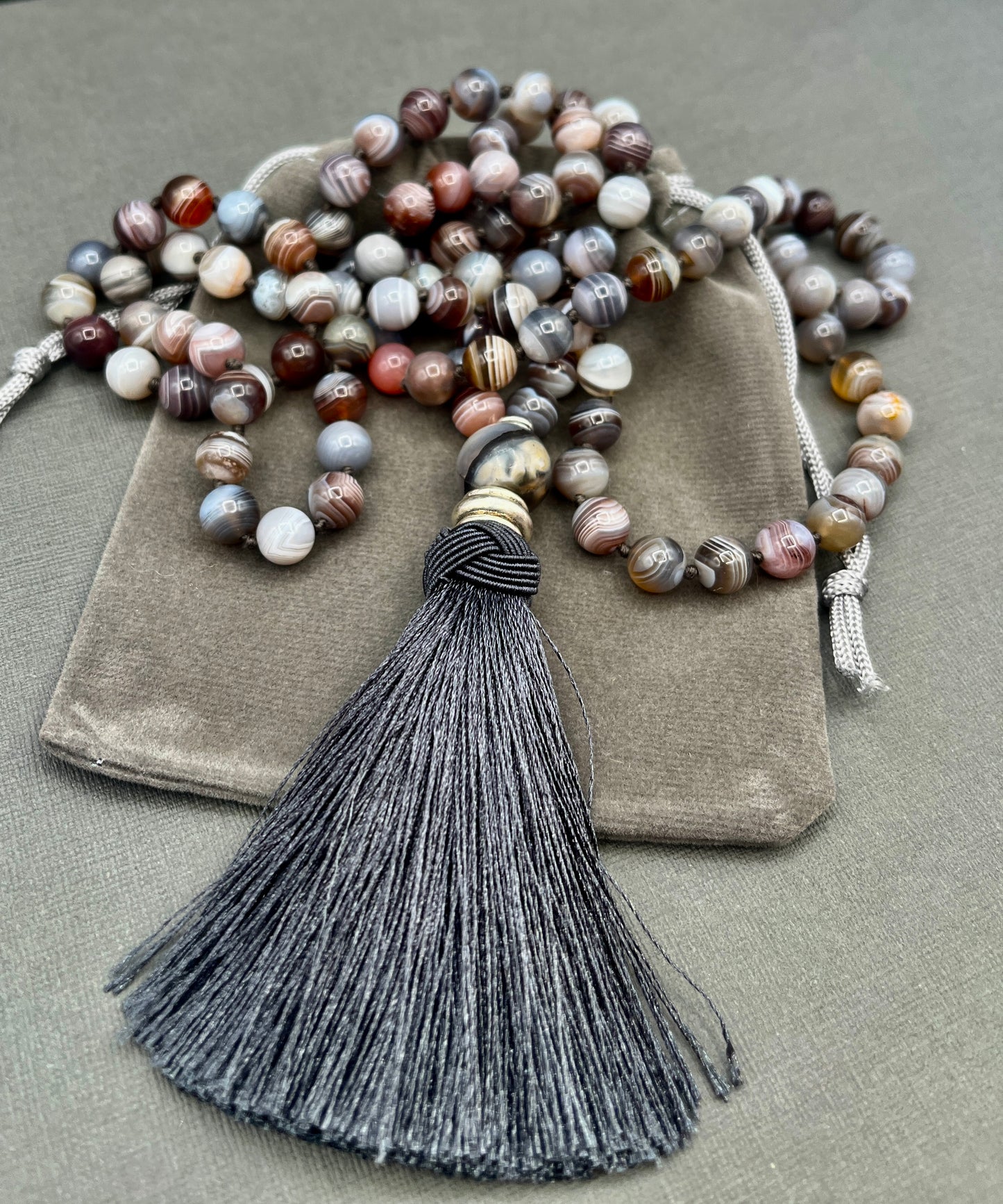 Hand Knotted Botswana Agate Beaded Japa Mala Necklace with Silver Accents and Dark Grey Knotted Tassle