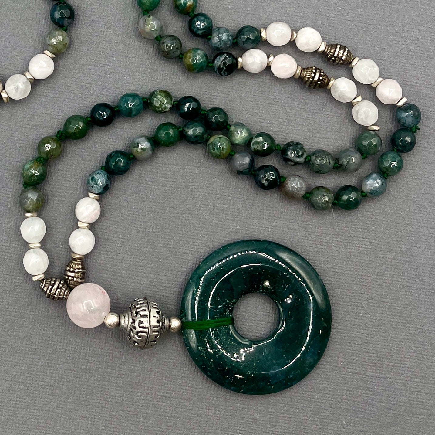 Moss Agate and Rose Quartz Japa Mala Necklace with Silver Accents and Moss Agate Donut Pendant