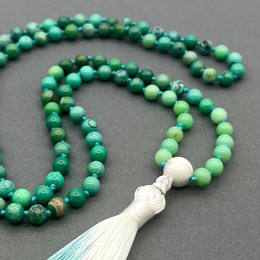 Green Agate and Howlite 6mm 108 bead sized Mala, Hand Knotted, Japa Mala Necklace with Howlite Guru Bead and Multicolored White, Blue and Green Tassel