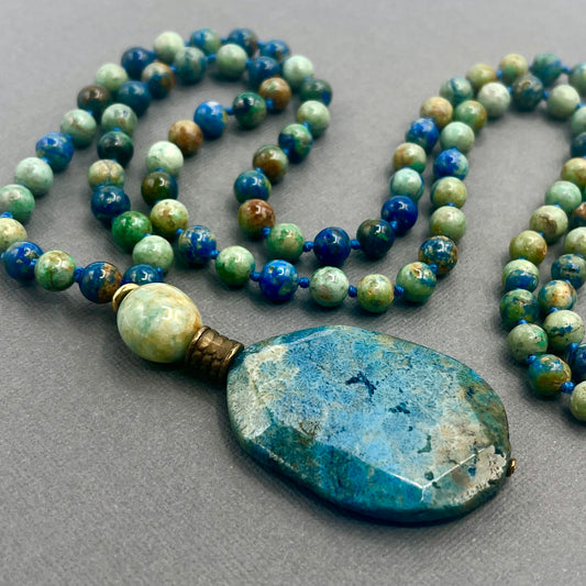 Hand Knotted Lapis Lazuli and Chrysocolla Japa Mala Necklace with Antique Bronze Accents and Blue Fossil Coral Pendant