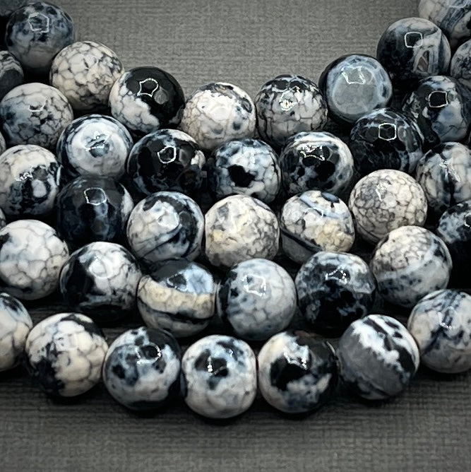 Natural 8mm Faceted Round Black Fire Crackle Agate Strand of Beads