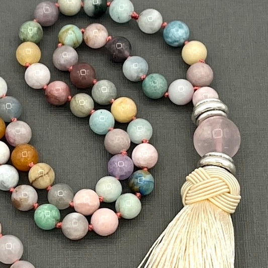 Hand Knotted Rose Quartz, Amazonite, Pink Opal and Jade Japa Mala Necklace with Cream Tassle and Rose Quartz Guru Bead