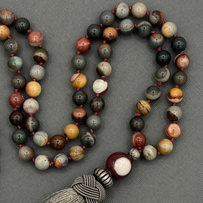 Hand Knotted Polychrome Agate/Desert Jasper Japa Mala Necklace with RARE Antique Silver accents and Olive Green Tassle