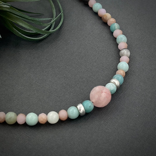 Seaside Vacation Amazonite and Pink Frosted Glass Necklace with Silver Accents