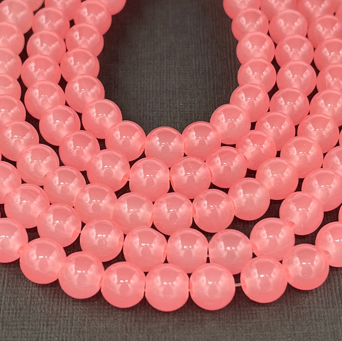 Coral Baking Painted Imitation Jade Glass 8mm Smooth Round 32 Inch Strand of Beads 100 Beads