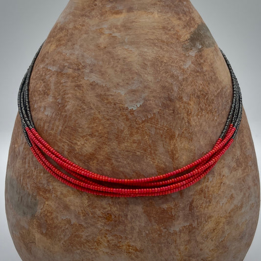 Striking Red and Gun Metal Five Layer Adjustable Seed Bead Necklace 15.5"-20"