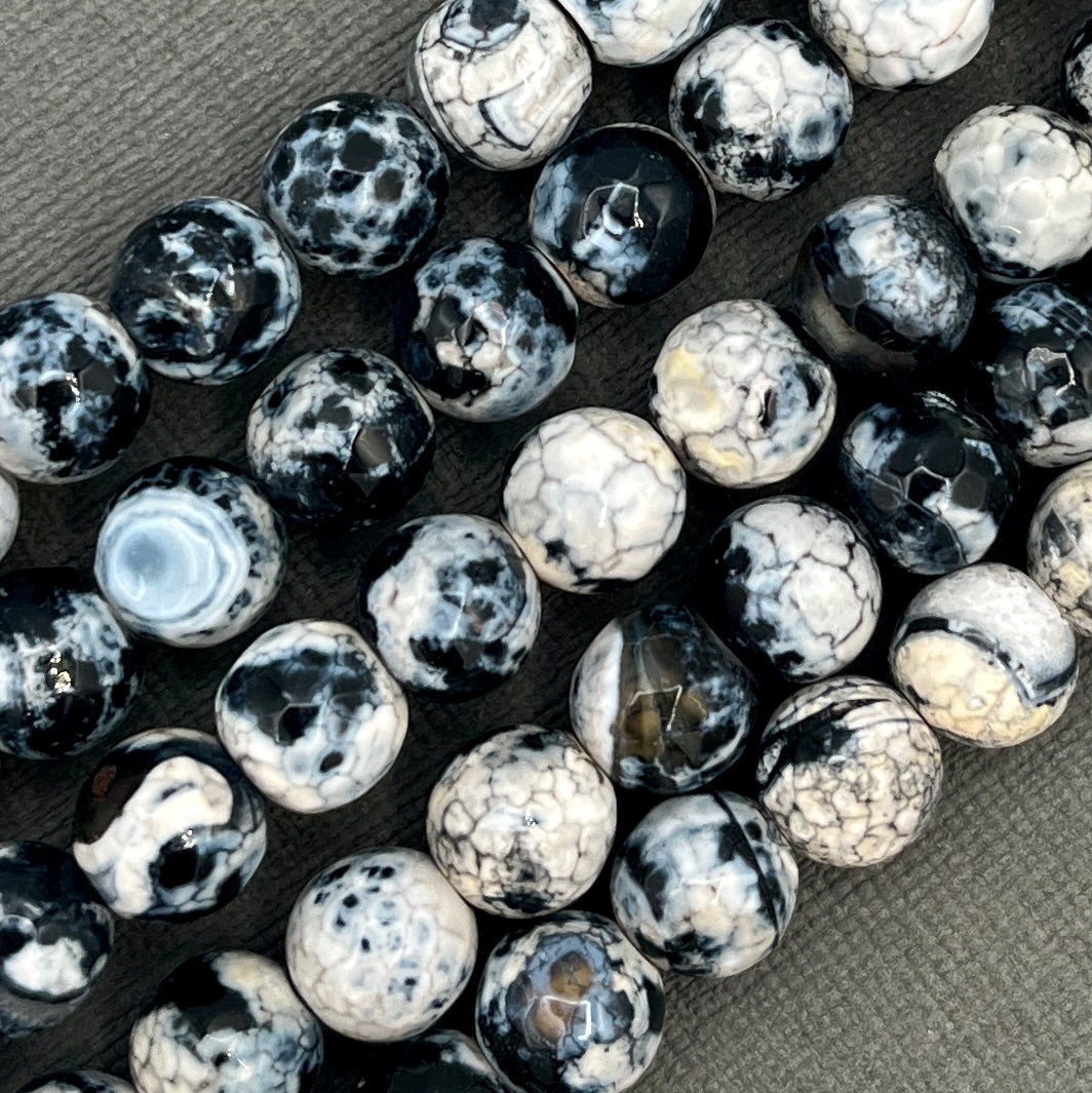 Natural 8mm Faceted Round Black Fire Crackle Agate Strand of Beads