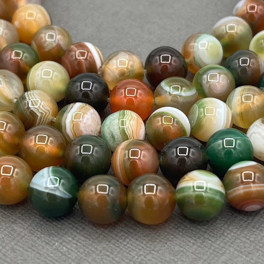 Natural 8mm Striped Agate, Dyed Dark Sea Green and Brown Smooth Round Gemstone Strand of Beads