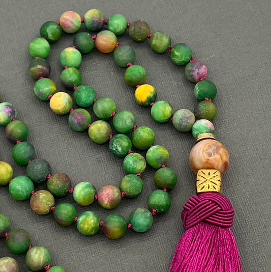 Hand Knotted Green Kyanite Stone 108 bead Japa Mala Necklace with gold accents and raspberry tassel