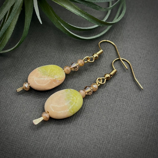 Lime and Pink Natural Jasper Gemstone Drop Earrings with Pink and Gold Accents