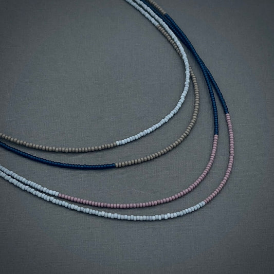 Minimal, Modern, Versatile, Navy Blue, Grey, Light Blue, Purple/Pink Layerable Multicolored Beaded Necklace