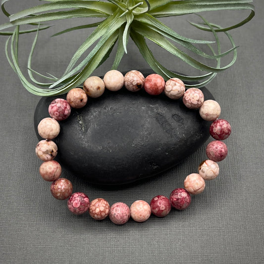 B2G1F Pink Coral Fossil Gemstone 8mm Smooth Round Beaded Stretch Bracelet