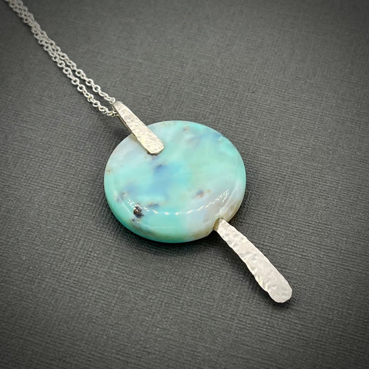 Hand Forged Sterling Silver Ocean Blue Agate Gemstone Pendant Necklace