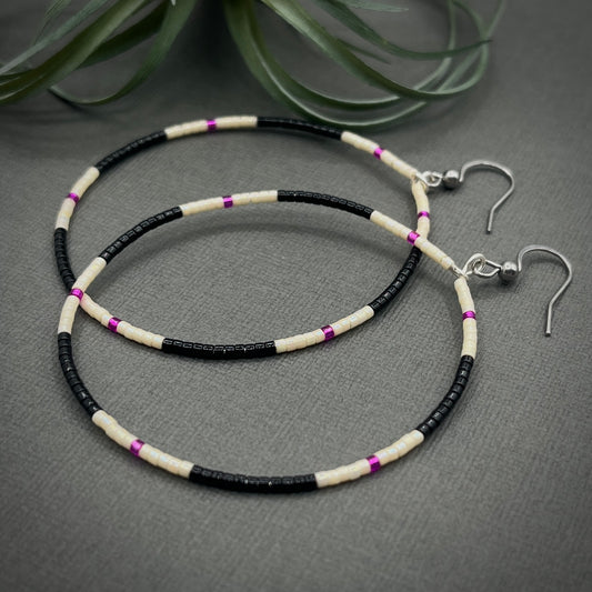 Black and White Miyuki Large Hoop Earrings with Pink Accents