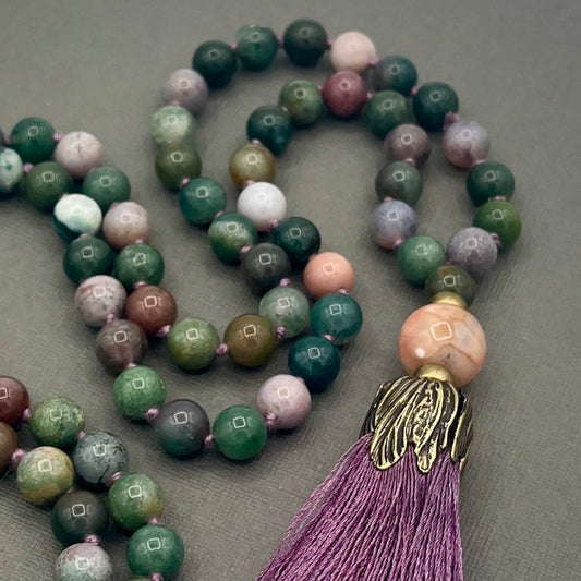 Hand Knotted Indian Agate Japa Mala Necklace with Bronze accents and Plum Tassle