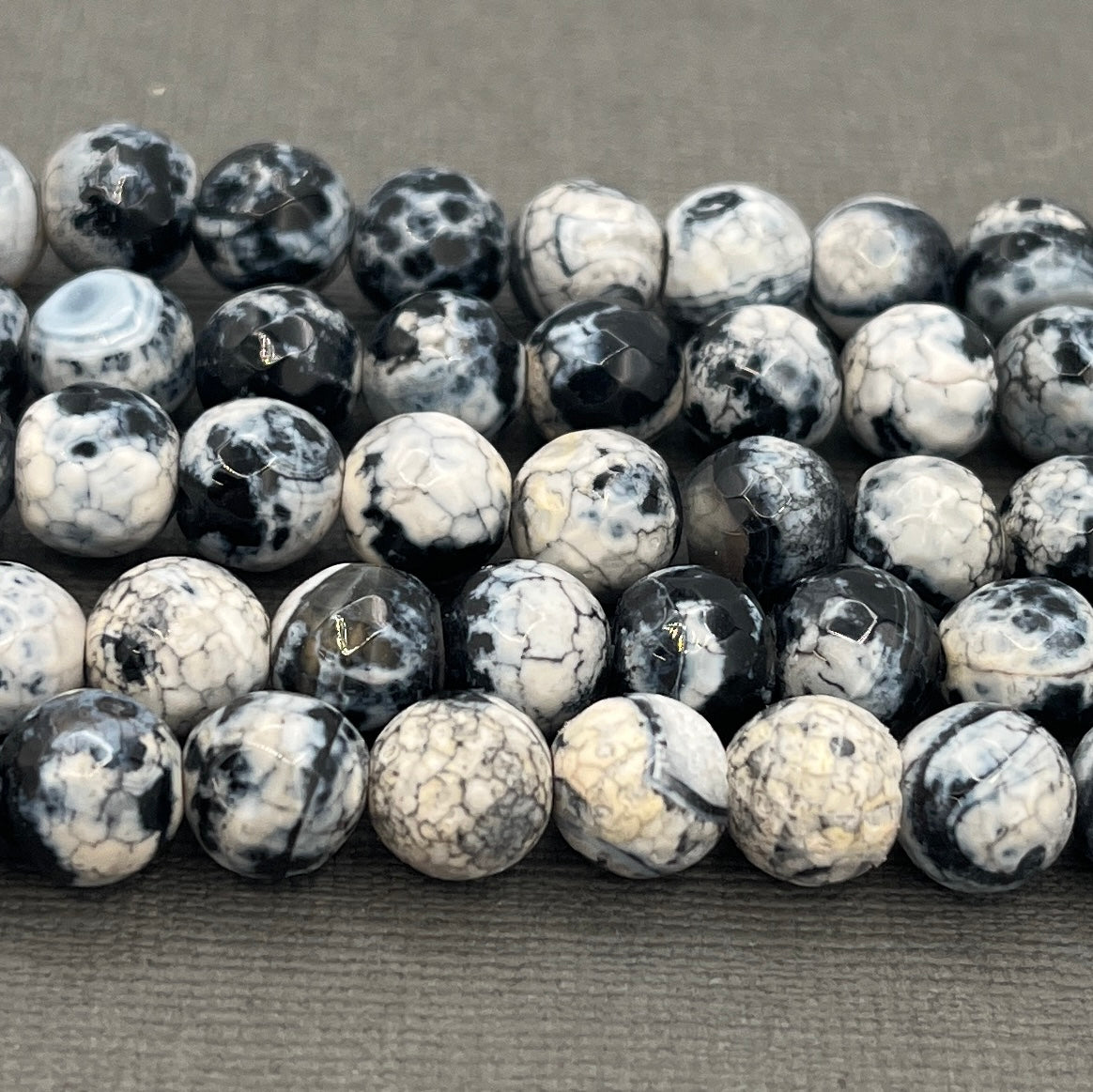 Natural 8mm Faceted Round Black Fire Crackle Agate Strand of Beads