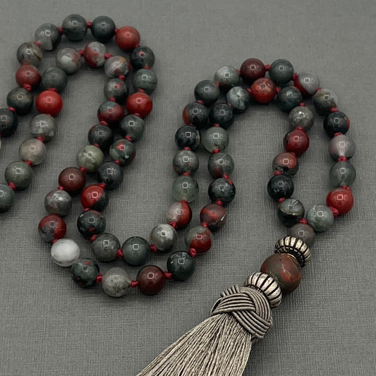 Hand Knotted African Bloodstone Japa Mala Necklace with RARE Antique Silver accents and Olive Green Tassle