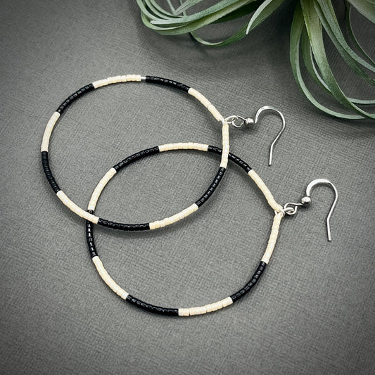 Black and White Miyuki Large Hoop Earrings