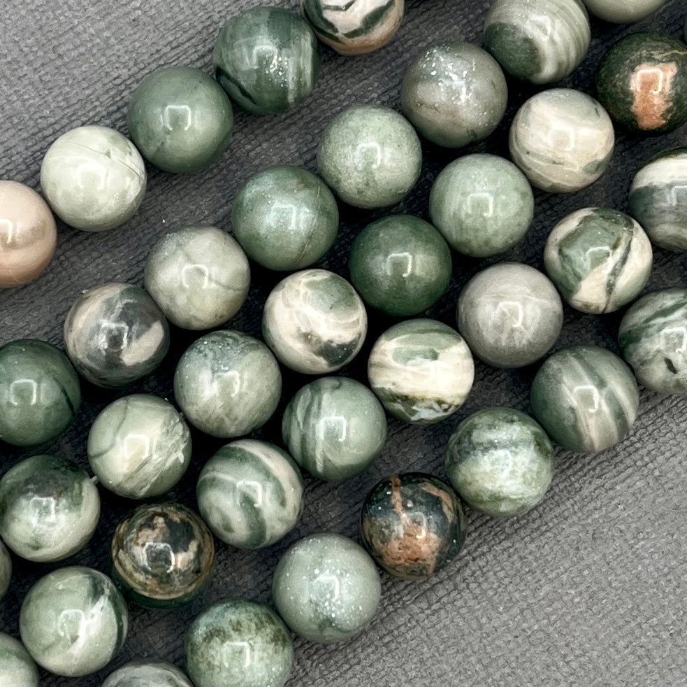 Natural 8mm Green Line Smooth Round Jasper Gemstone Strand of Beads