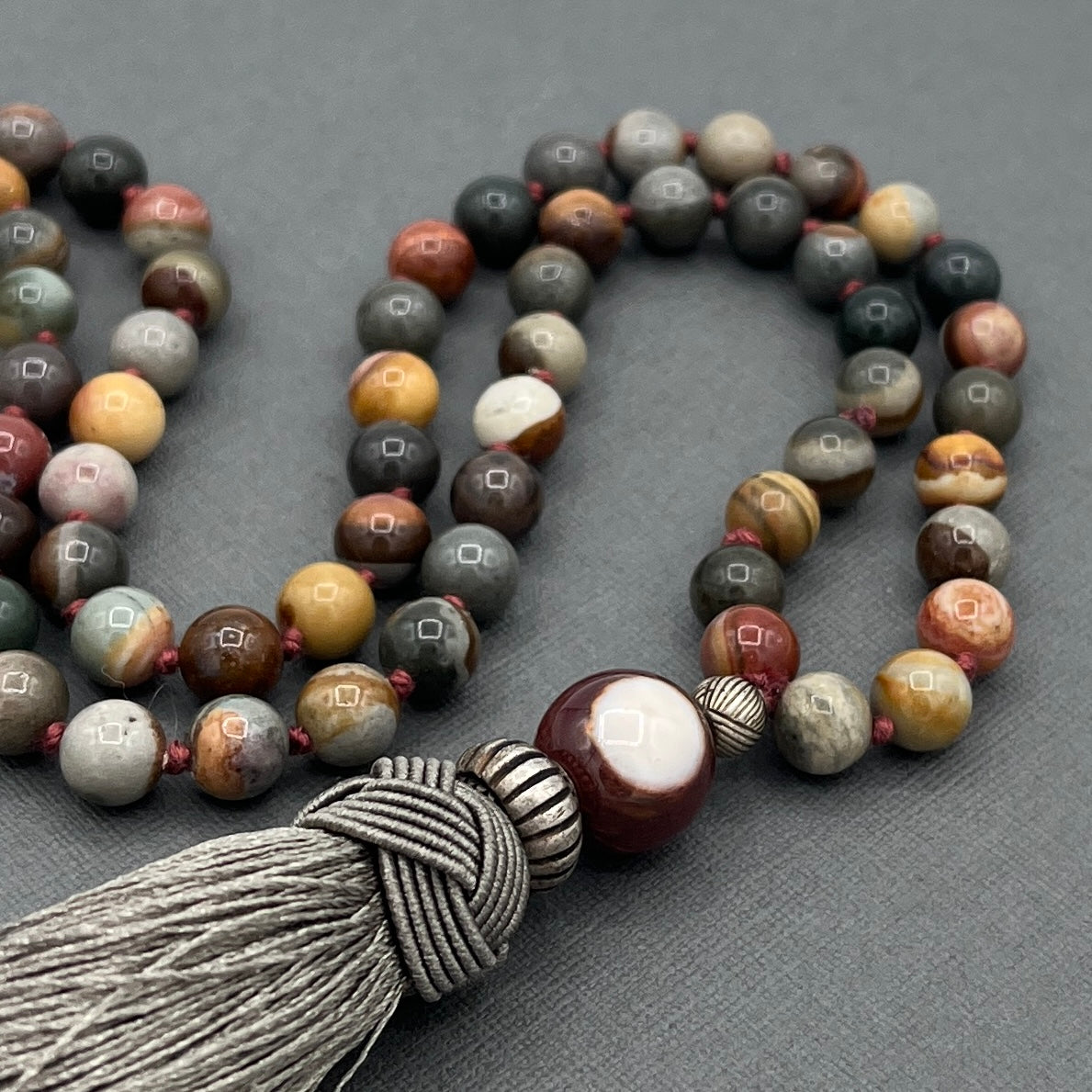 Hand Knotted Polychrome Agate/Desert Jasper Japa Mala Necklace with RARE Antique Silver accents and Olive Green Tassle