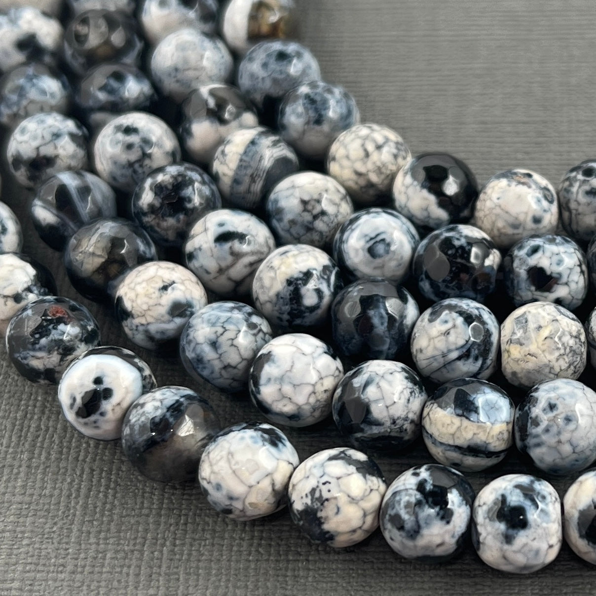 Natural 8mm Faceted Round Black Fire Crackle Agate Strand of Beads