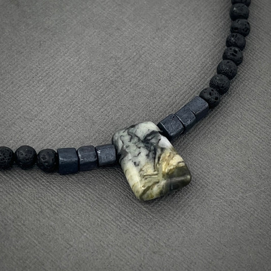 Men’s Masculine Jasper and Lava Stone Beaded Collar Length Gemstone Necklace