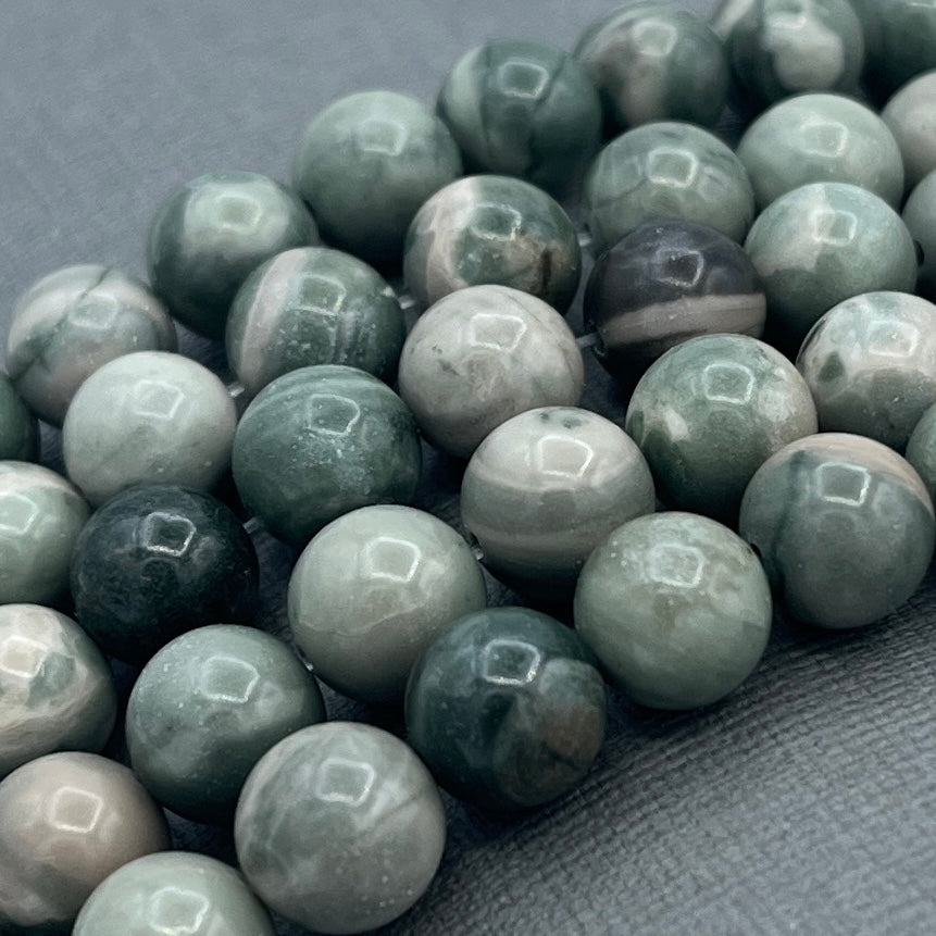 Natural 8mm Green Line Smooth Round Jasper Gemstone Strand of Beads