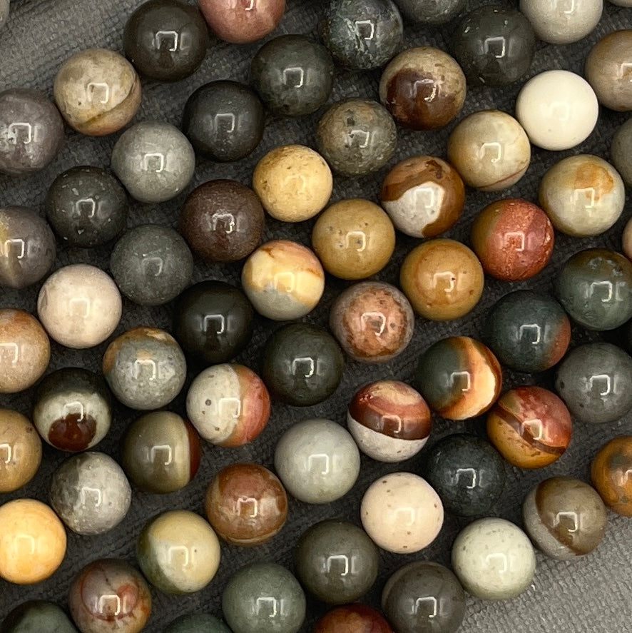 Natural 8mm Smooth Round Polychrome Jasper/Desert Jasper Gemstone Strand of Beads