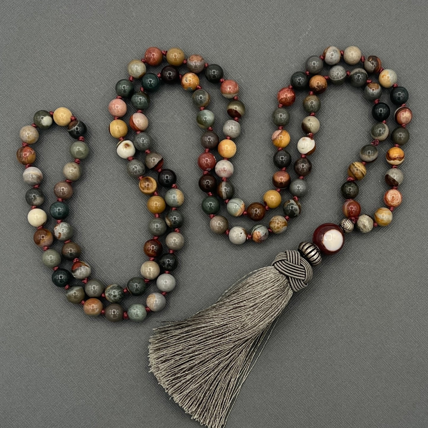 Hand Knotted Polychrome Agate/Desert Jasper Japa Mala Necklace with RARE Antique Silver accents and Olive Green Tassle