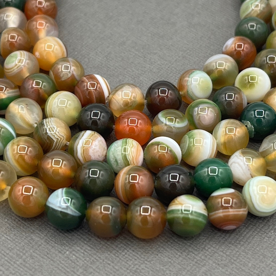 Natural 8mm Striped Agate, Dyed Dark Sea Green and Brown Smooth Round Gemstone Strand of Beads