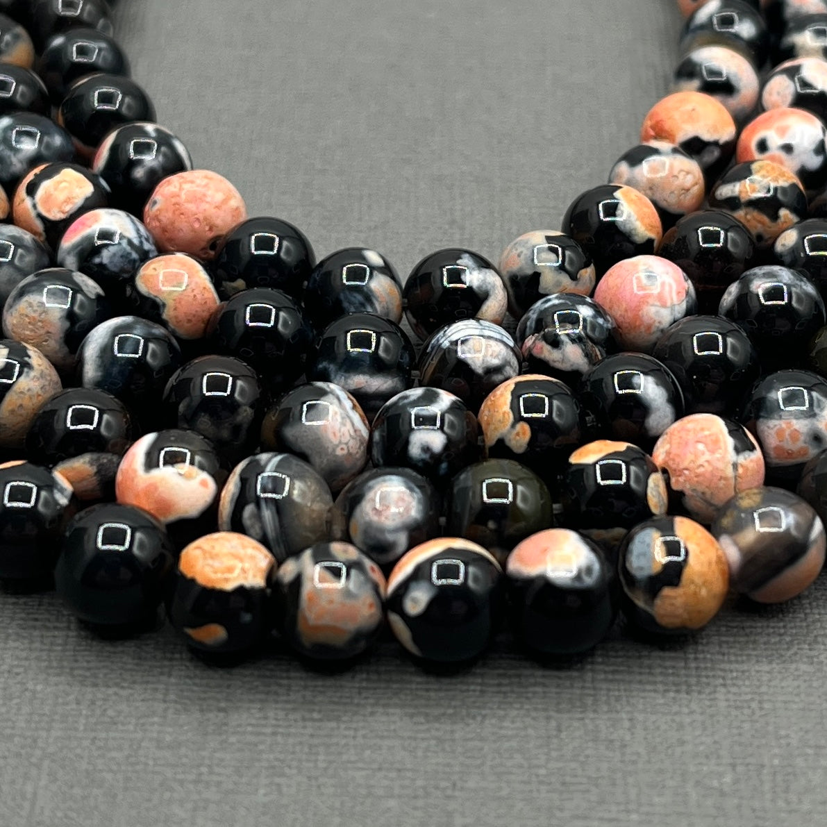 Natural 8mm Fire Crackle Agate Black/Light Orange Smooth Round Gemstone Strand of Beads