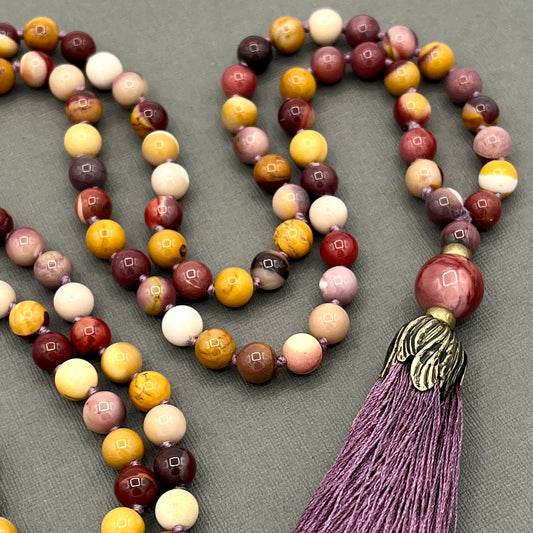 Hand Knotted Mookaite Japa Mala Necklace with Bronze accents and Plum Tassle