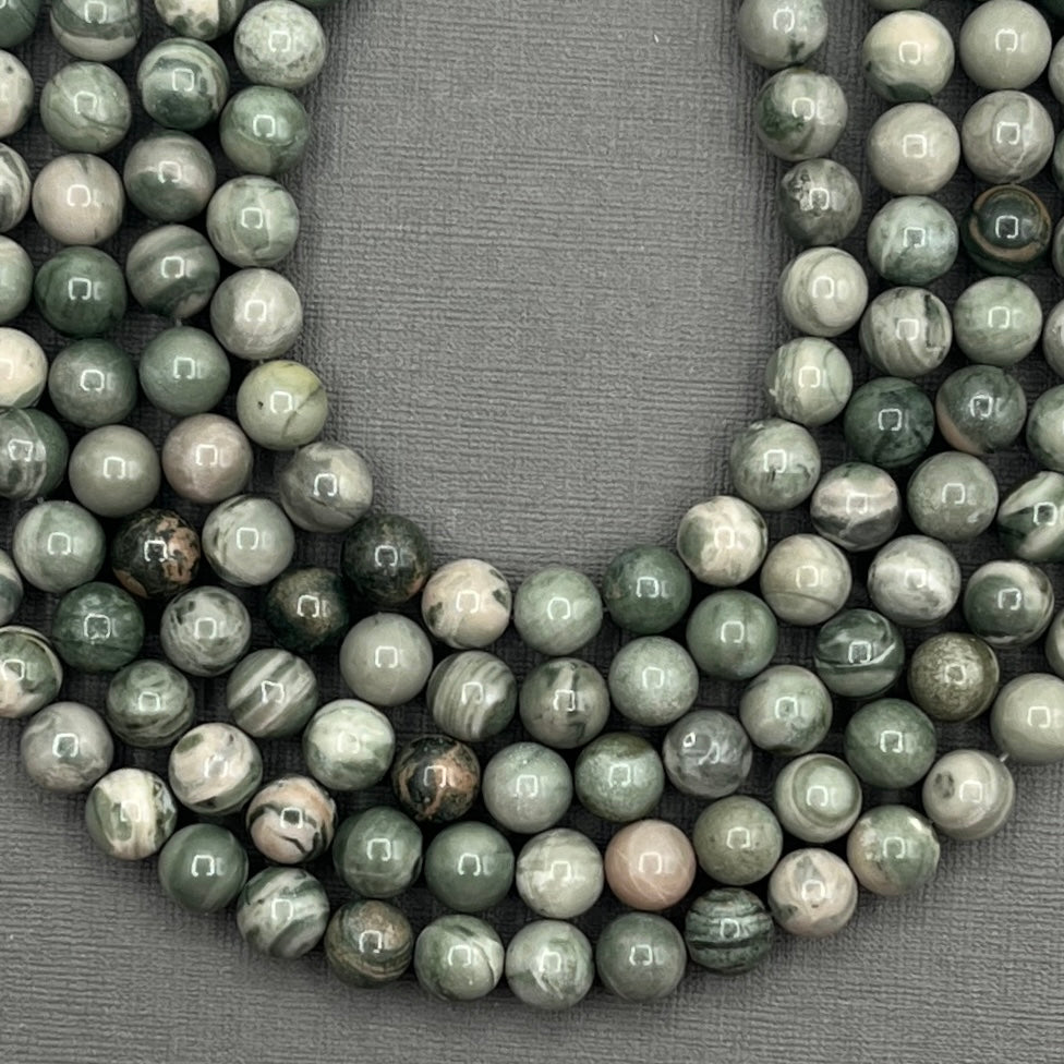 Natural 8mm Green Line Smooth Round Jasper Gemstone Strand of Beads