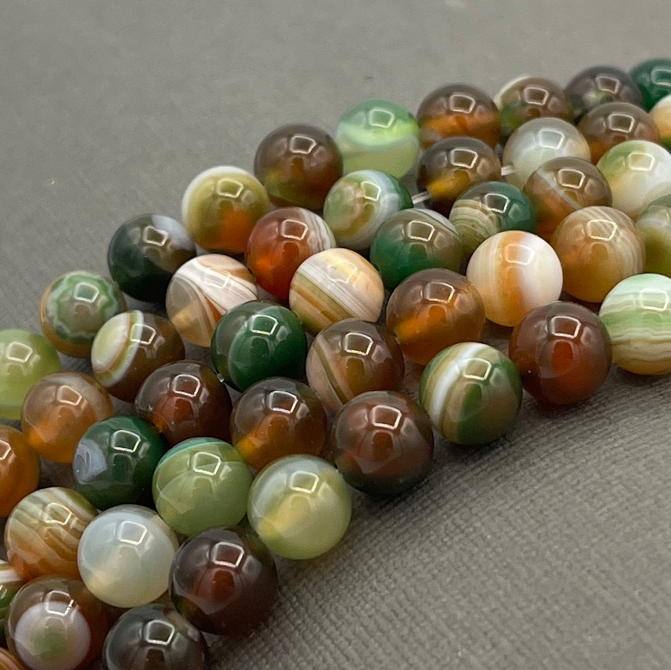 Natural 8mm Striped Agate, Dyed Dark Sea Green and Brown Smooth Round Gemstone Strand of Beads