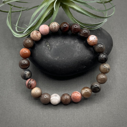 B2G1F Petrified Wood Gemstone 8mm Smooth Round Beaded Stretch Bracelet