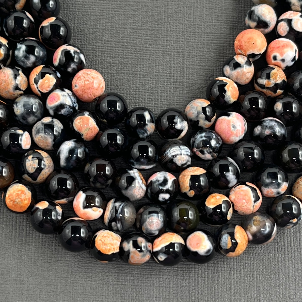 Natural 8mm Fire Crackle Agate Black/Light Orange Smooth Round Gemstone Strand of Beads