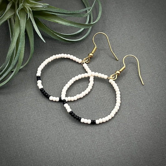 Tribal Black and White Seed Beed Drop Hoop Earrings