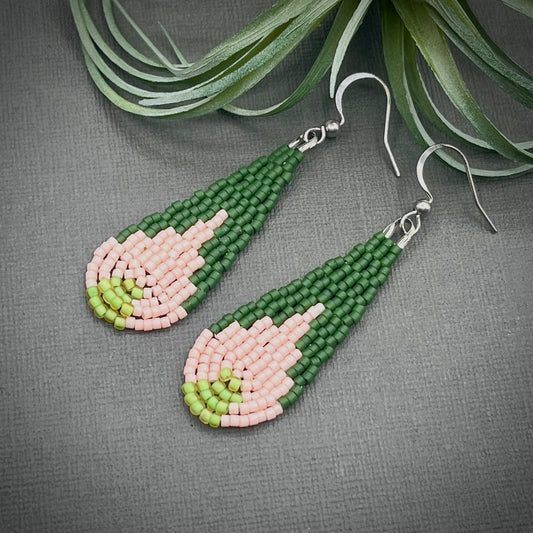 Deep Green, Lime Green, Soft Pink Hand Woven Seed Bead Drop Earrings