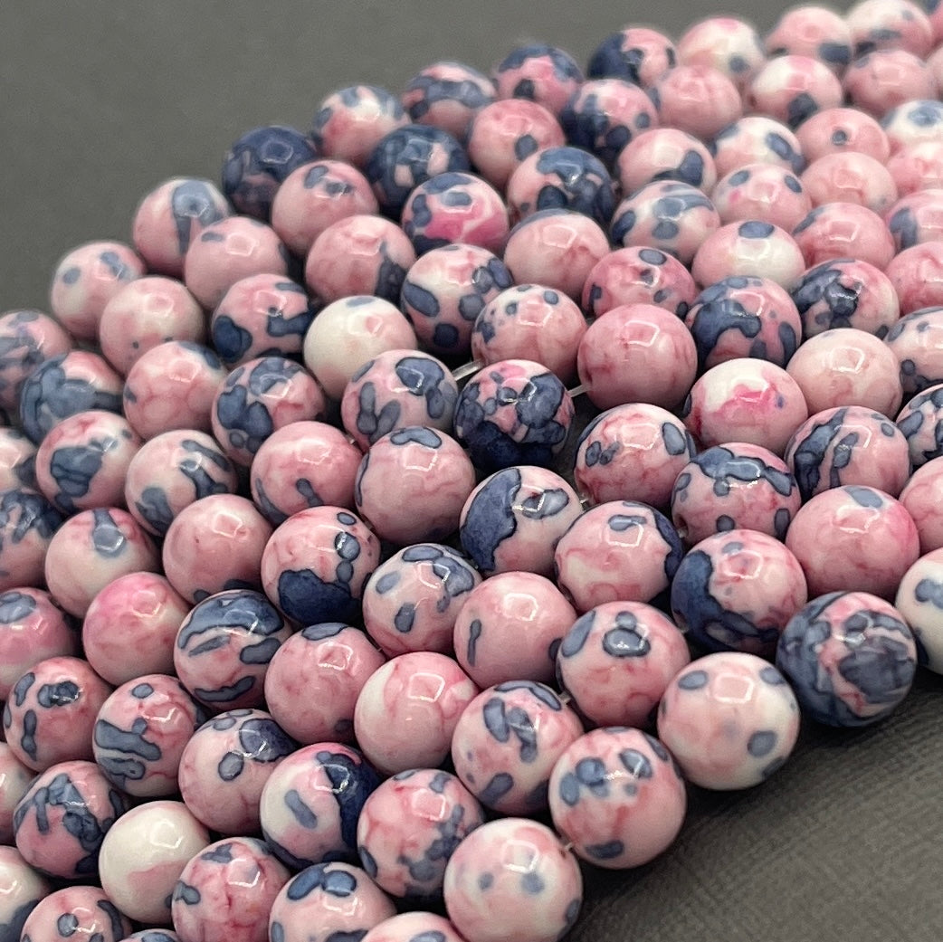 Pink/Blue 8mm/6mm Smooth Round Rain Flower Dyed Jasper Gemstone 15 inch Strand of Beads