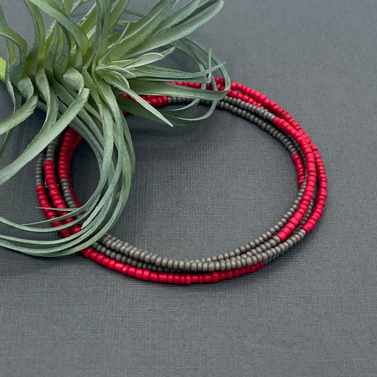 Five Layer Bright Red and Grey Beaded Bracelet