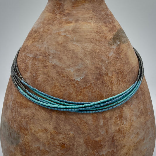 Tropical Storm Five Layer Blue/Green and Gun Metal Seed Bead Adjustable Necklace