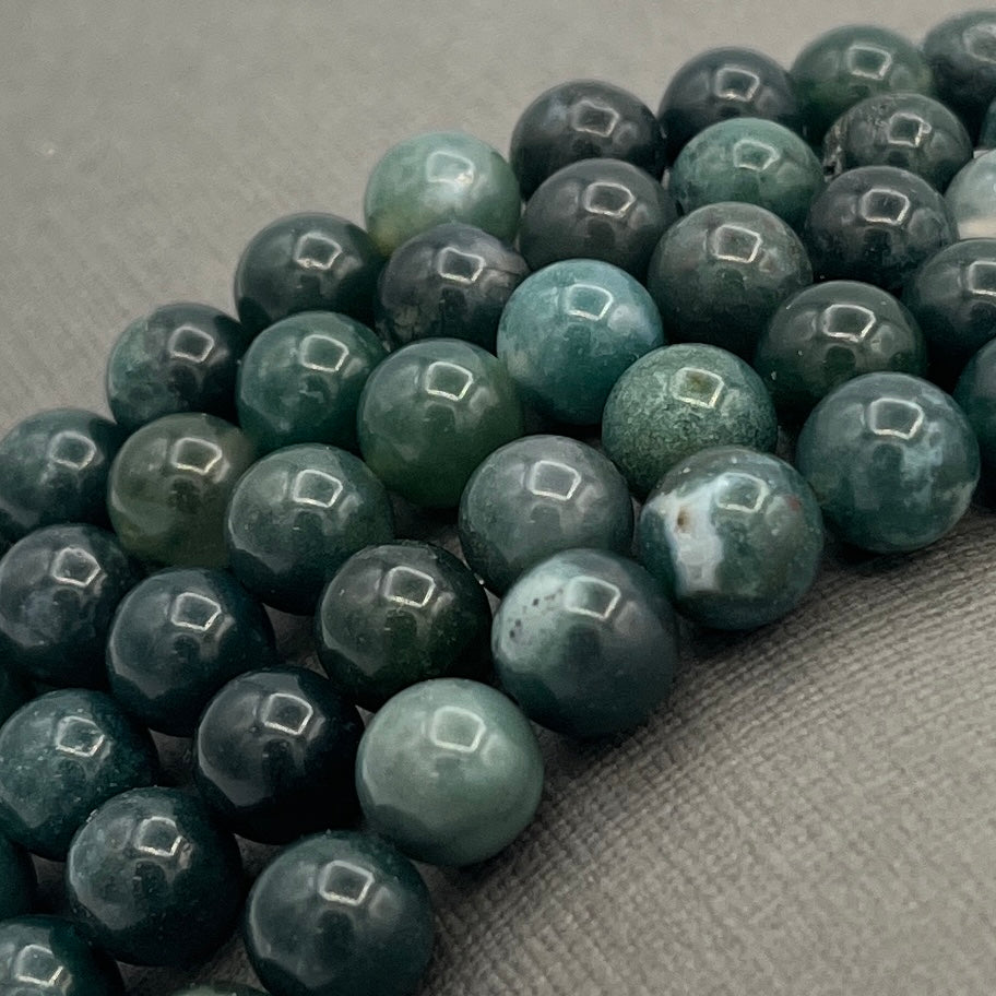 Natural 8mm Moss Agate Gemstone Smooth Round Gemstone Strand of Beads