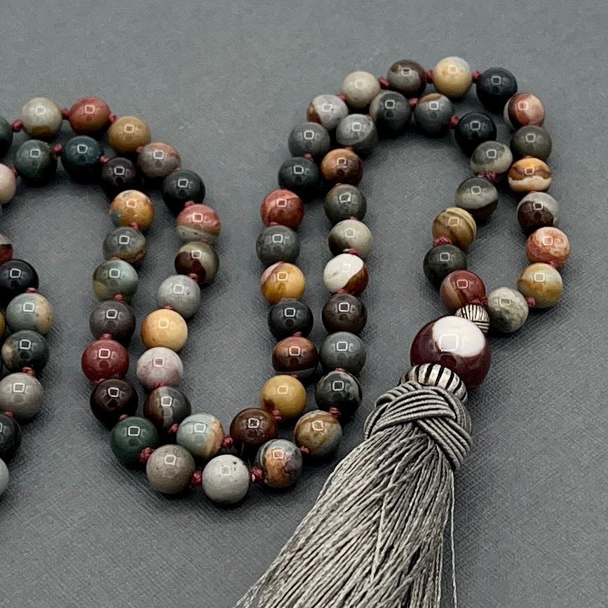 Hand Knotted Polychrome Agate/Desert Jasper Japa Mala Necklace with RARE Antique Silver accents and Olive Green Tassle