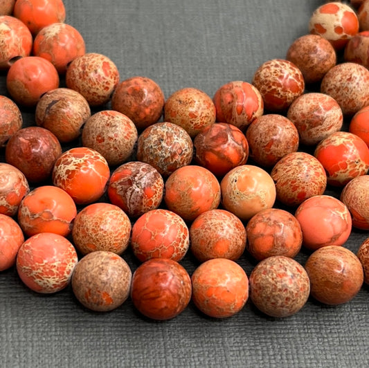 Natural 8mm Imperial Jasper Smooth Round Dyed Orange Gemstone Strand of Beads