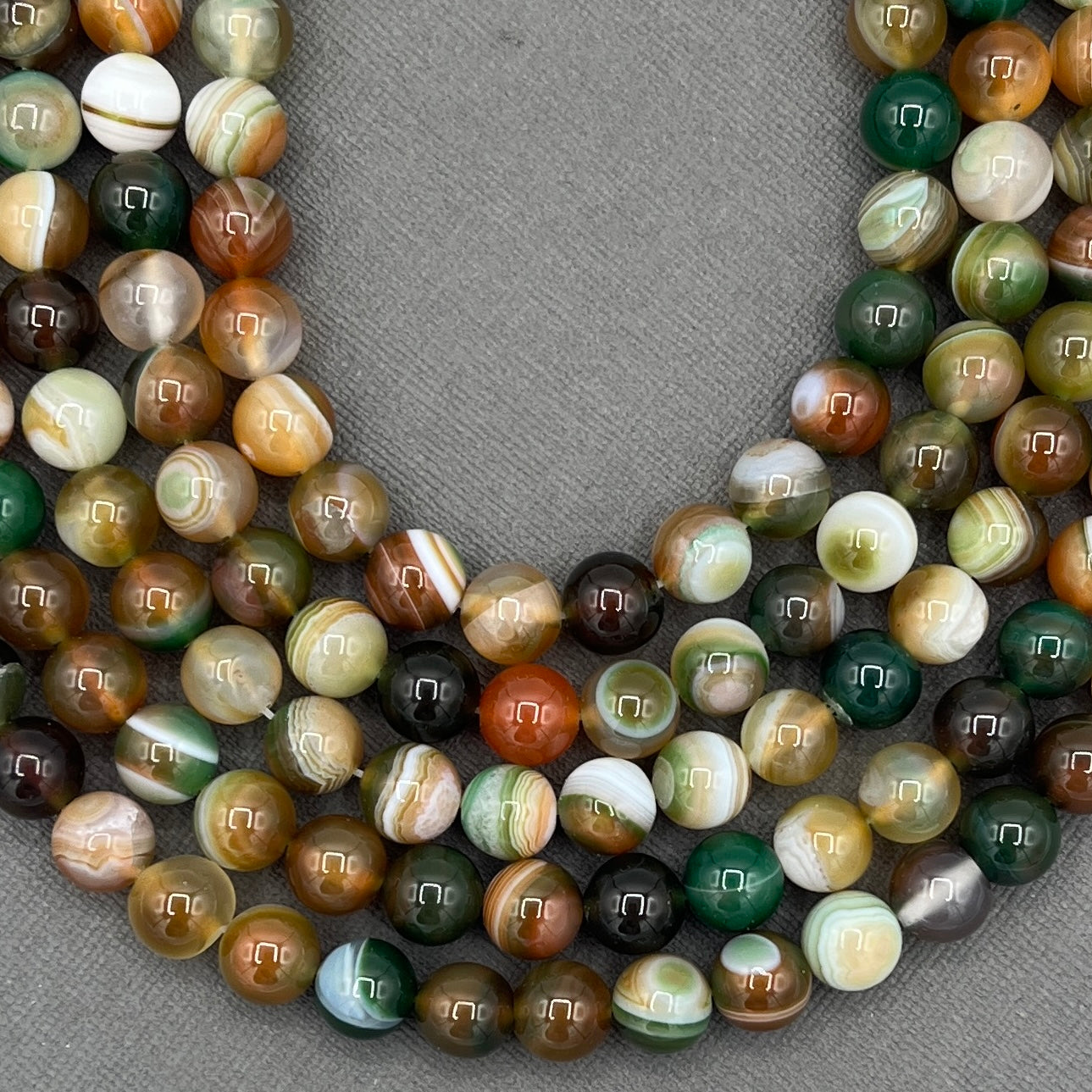 Natural 8mm Striped Agate, Dyed Dark Sea Green and Brown Smooth Round Gemstone Strand of Beads