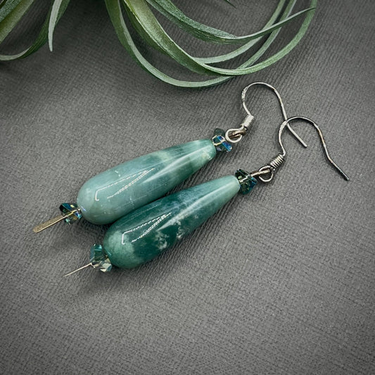 Sterling Silver, Indian Agate Teardrop Earrings with Green Crystal Accents