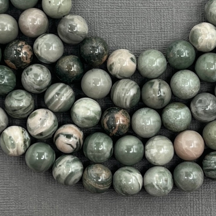 Natural 8mm Green Line Smooth Round Jasper Gemstone Strand of Beads